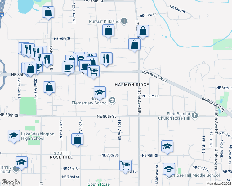 map of restaurants, bars, coffee shops, grocery stores, and more near 12845 Northeast 83rd Street in Kirkland