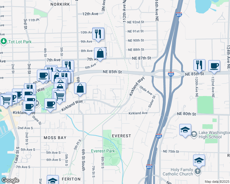 map of restaurants, bars, coffee shops, grocery stores, and more near 929 3rd Avenue in Kirkland