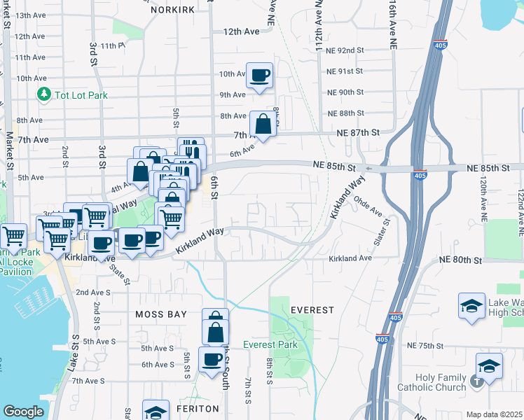 map of restaurants, bars, coffee shops, grocery stores, and more near 742 Kirkland Circle in Kirkland