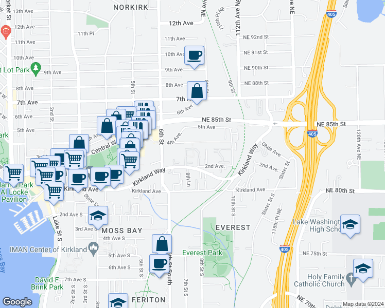 map of restaurants, bars, coffee shops, grocery stores, and more near 742 Kirkland Circle in Kirkland