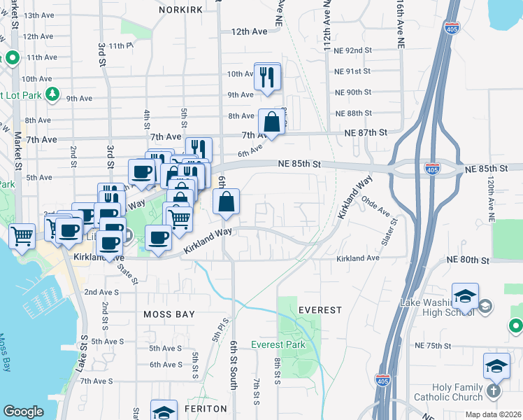 map of restaurants, bars, coffee shops, grocery stores, and more near 716 Kirkland Circle in Kirkland
