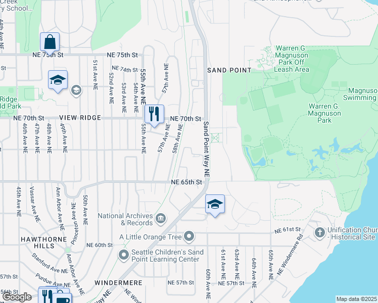 map of restaurants, bars, coffee shops, grocery stores, and more near 5825 Park Point Drive Northeast in Seattle