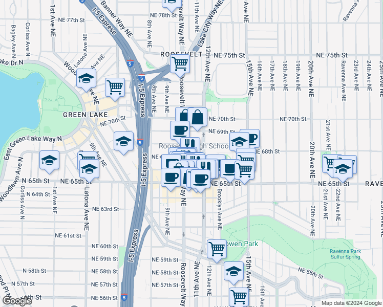 map of restaurants, bars, coffee shops, grocery stores, and more near in Seattle