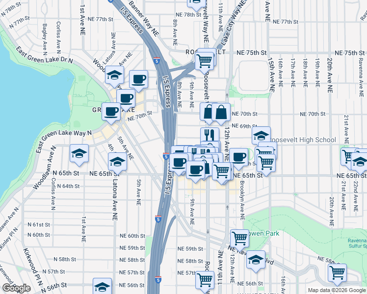 map of restaurants, bars, coffee shops, grocery stores, and more near 822 Northeast 67th Street in Seattle