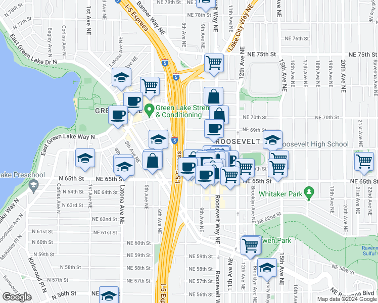 map of restaurants, bars, coffee shops, grocery stores, and more near 6704 8th Avenue Northeast in Seattle