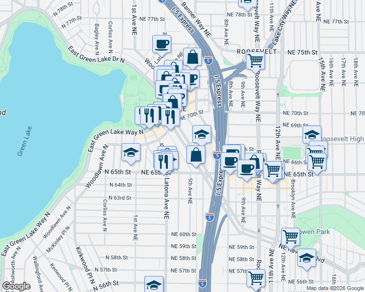 map of restaurants, bars, coffee shops, grocery stores, and more near in Seattle