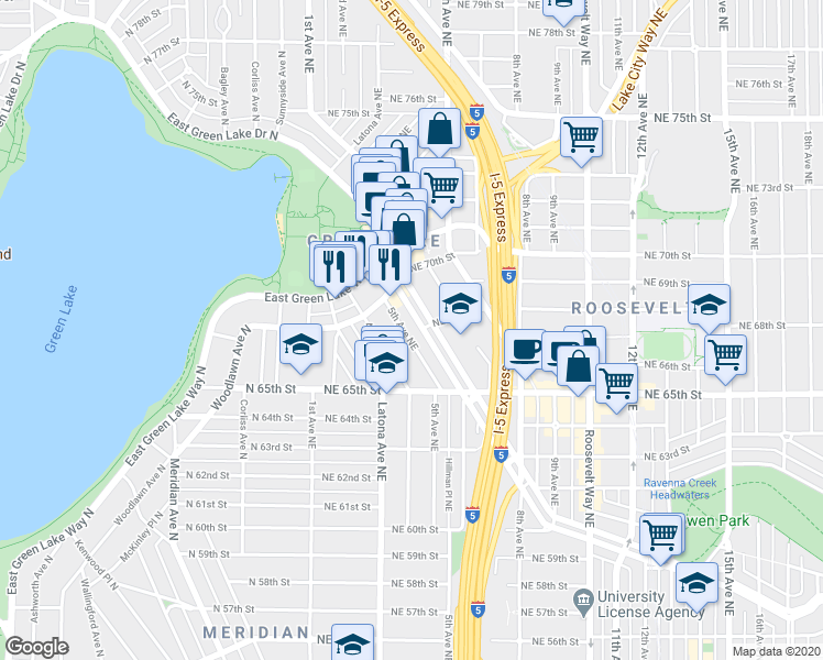 map of restaurants, bars, coffee shops, grocery stores, and more near 6571 5th Avenue Northeast in Seattle