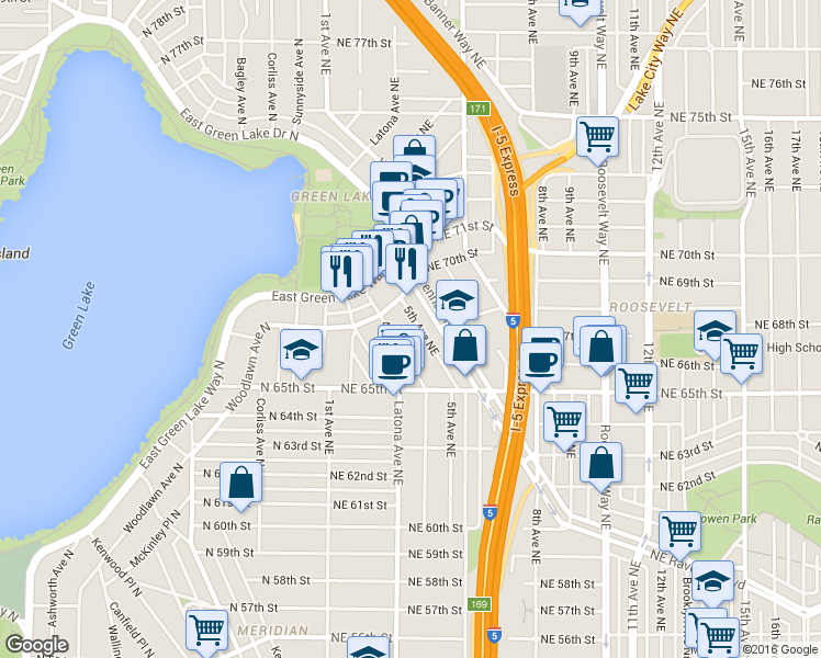 map of restaurants, bars, coffee shops, grocery stores, and more near 6551 5th Avenue Northeast in Seattle