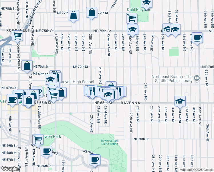 map of restaurants, bars, coffee shops, grocery stores, and more near 6555 Ravenna Avenue Northeast in Seattle