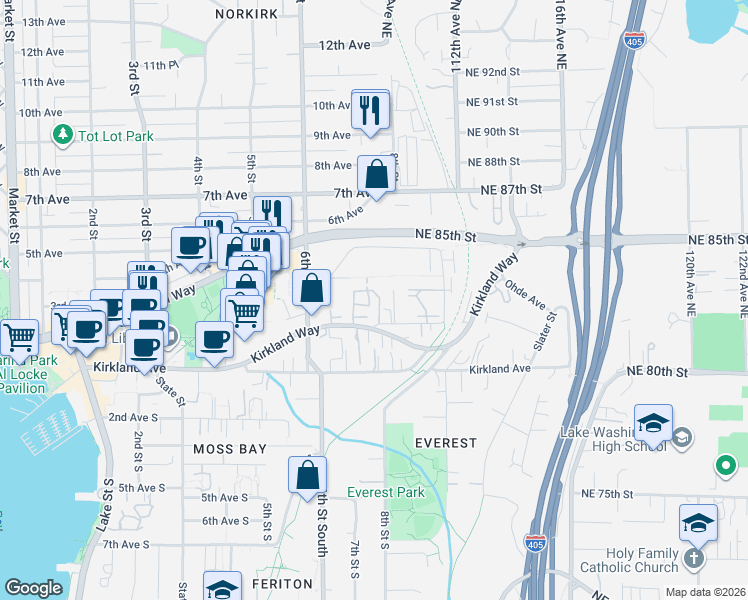 map of restaurants, bars, coffee shops, grocery stores, and more near 732 Kirkland Circle in Kirkland