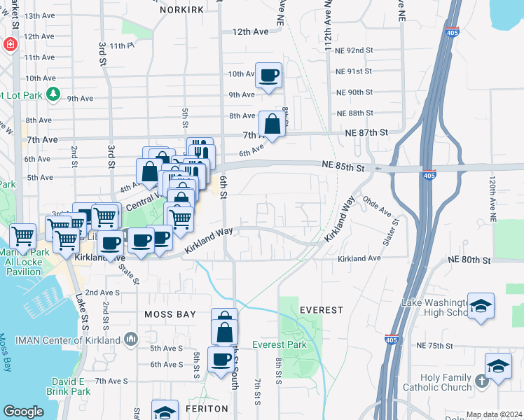 map of restaurants, bars, coffee shops, grocery stores, and more near 714 Kirkland Circle in Kirkland
