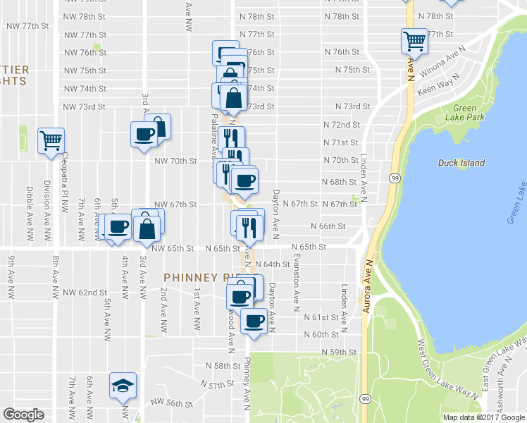 map of restaurants, bars, coffee shops, grocery stores, and more near 421 North 67th Street in Seattle
