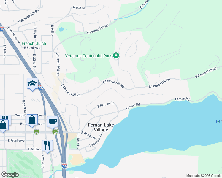 map of restaurants, bars, coffee shops, grocery stores, and more near 3014 East Fernan Terrace Drive in Coeur d'Alene