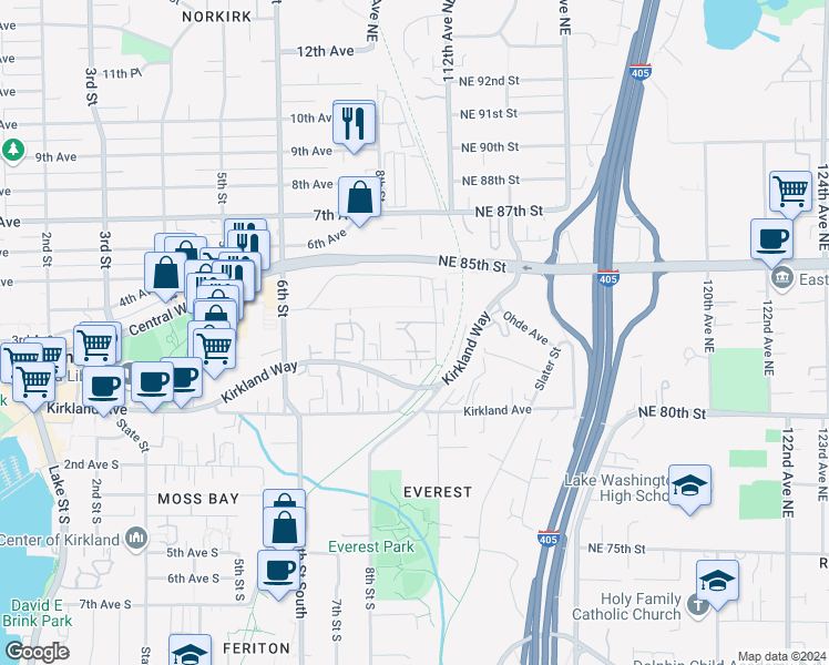 map of restaurants, bars, coffee shops, grocery stores, and more near 929 3rd Avenue in Kirkland