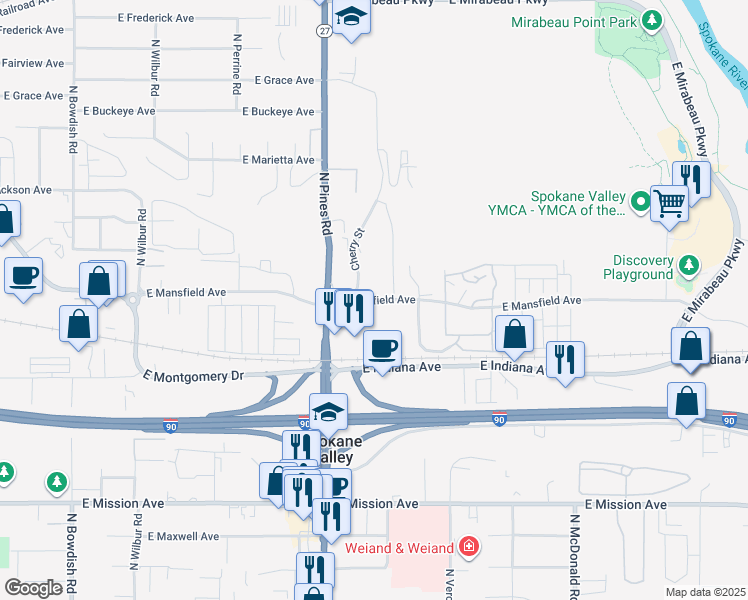map of restaurants, bars, coffee shops, grocery stores, and more near 12422 East Mansfield Avenue in Spokane Valley