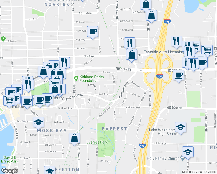 map of restaurants, bars, coffee shops, grocery stores, and more near 929 3rd Avenue in Kirkland