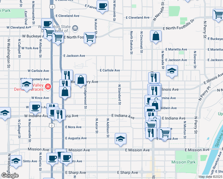 map of restaurants, bars, coffee shops, grocery stores, and more near 507 East Ermina Avenue in Spokane