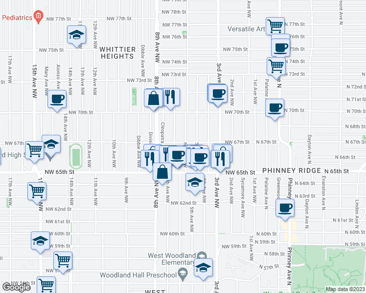 map of restaurants, bars, coffee shops, grocery stores, and more near 6553 6th Avenue Northwest in Seattle