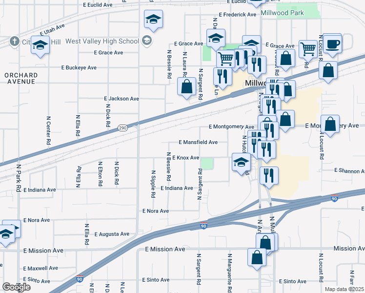 map of restaurants, bars, coffee shops, grocery stores, and more near 8520 East Mansfield Avenue in Spokane Valley