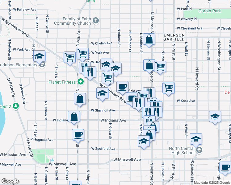 map of restaurants, bars, coffee shops, grocery stores, and more near 1310 West Northwest Boulevard in Spokane