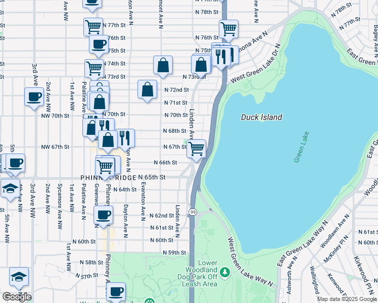 map of restaurants, bars, coffee shops, grocery stores, and more near 6619 Linden Avenue North in Seattle