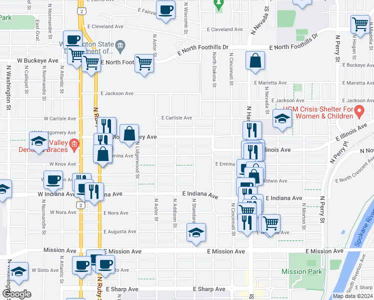 map of restaurants, bars, coffee shops, grocery stores, and more near 519 East Ermina Avenue in Spokane