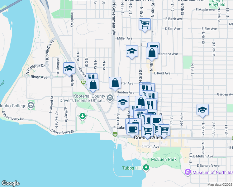 map of restaurants, bars, coffee shops, grocery stores, and more near 102 East Garden Avenue in Coeur d'Alene