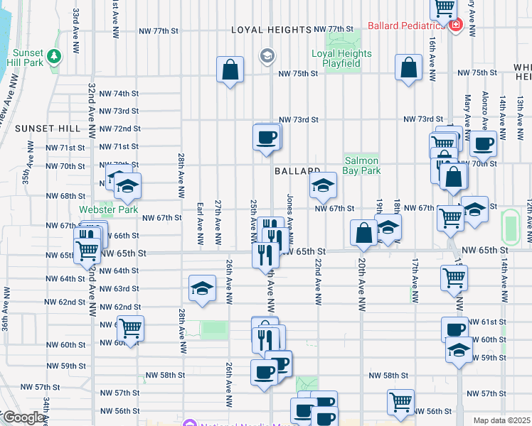 map of restaurants, bars, coffee shops, grocery stores, and more near 2405 Northwest 67th Street in Seattle