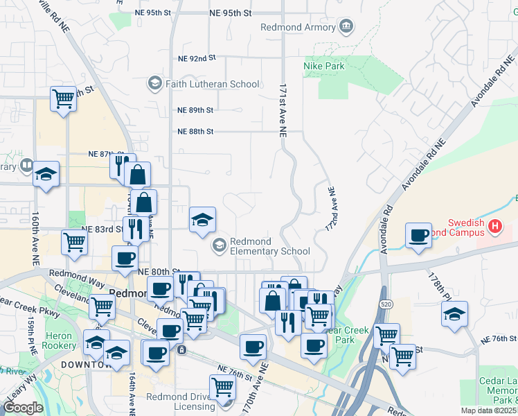 map of restaurants, bars, coffee shops, grocery stores, and more near 8400 169th Place Northeast in Redmond