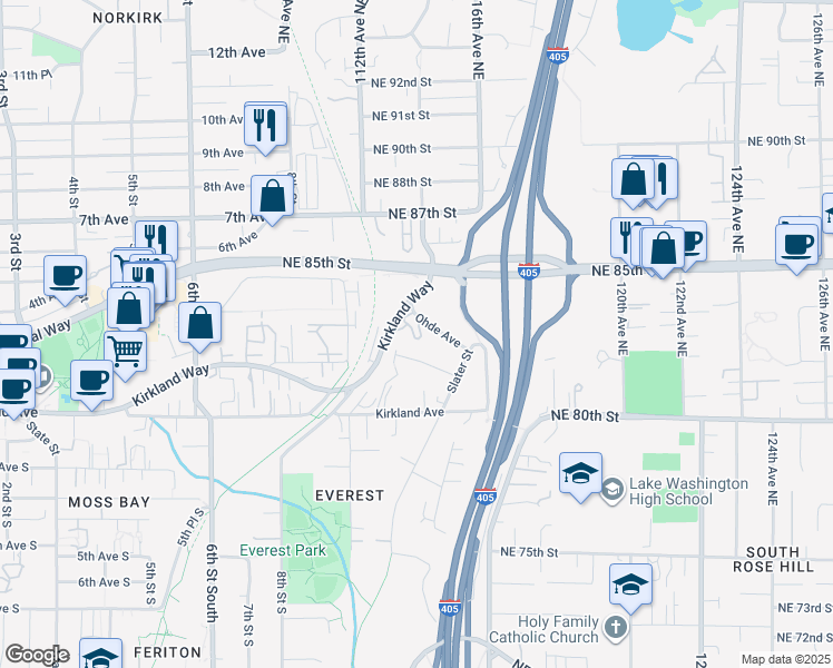 map of restaurants, bars, coffee shops, grocery stores, and more near 11318 Ohde Circle in Kirkland