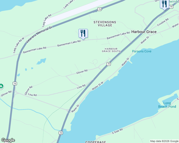 map of restaurants, bars, coffee shops, grocery stores, and more near 17 Glover Road in Harbour Grace