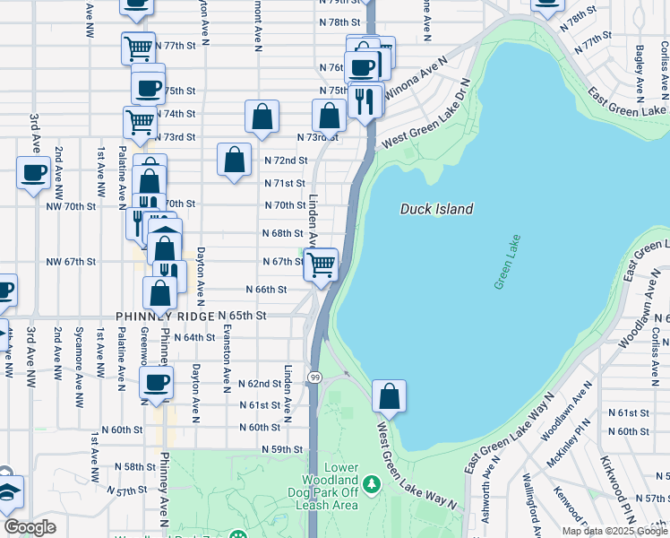 map of restaurants, bars, coffee shops, grocery stores, and more near 925 North 67th Street in Seattle