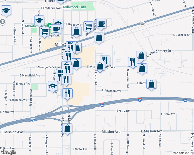 map of restaurants, bars, coffee shops, grocery stores, and more near 2216 North Locust Road in Spokane Valley