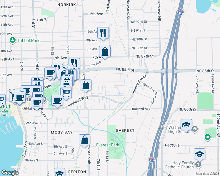 map of restaurants, bars, coffee shops, grocery stores, and more near 828 2nd Avenue in Kirkland