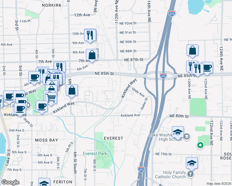 map of restaurants, bars, coffee shops, grocery stores, and more near 212 10th Street in Kirkland