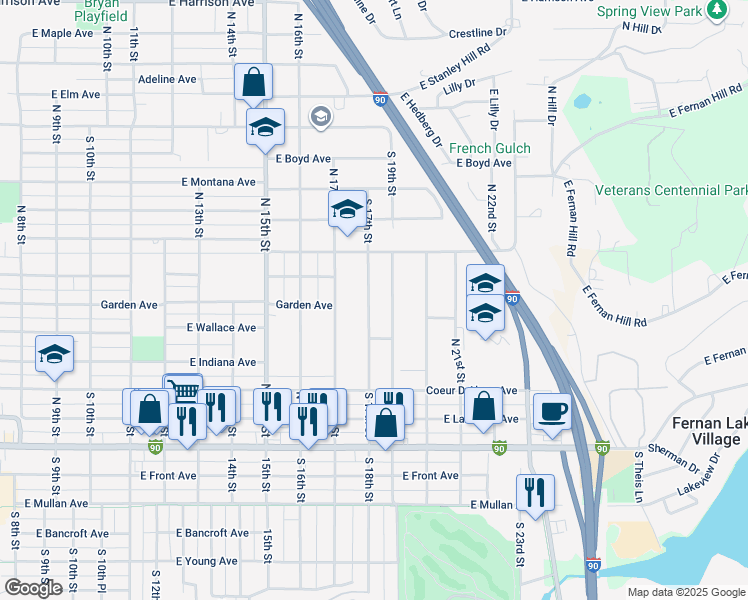map of restaurants, bars, coffee shops, grocery stores, and more near 602 North 18th Street in Coeur d'Alene