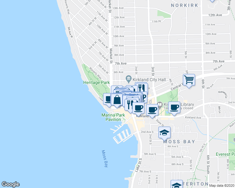 map of restaurants, bars, coffee shops, grocery stores, and more near 317 1st Street in Kirkland
