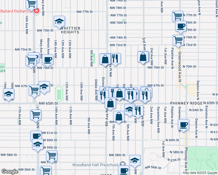 map of restaurants, bars, coffee shops, grocery stores, and more near 6553 Cleopatra Place Northwest in Seattle