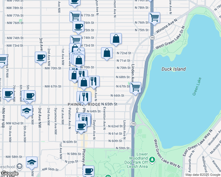 map of restaurants, bars, coffee shops, grocery stores, and more near 549 North 67th Street in Seattle