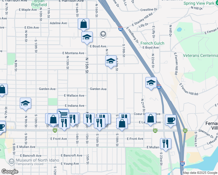 map of restaurants, bars, coffee shops, grocery stores, and more near 604 North 17th Street in Coeur d'Alene