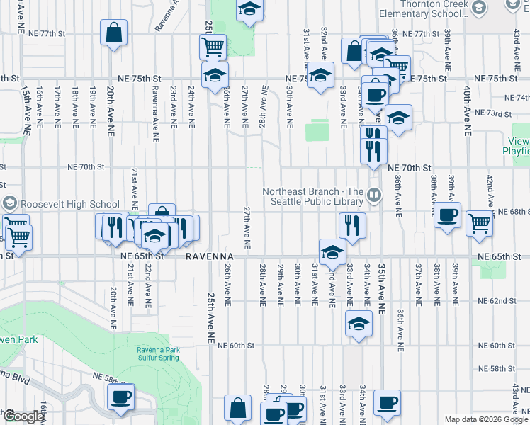 map of restaurants, bars, coffee shops, grocery stores, and more near 28th Avenue Northeast & Northeast 68th Street in Seattle