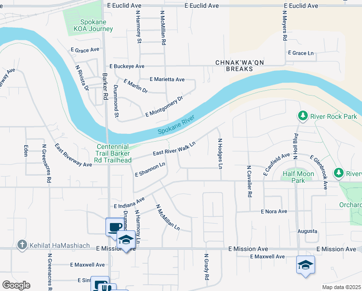 map of restaurants, bars, coffee shops, grocery stores, and more near 19121 East River Walk Lane in Spokane Valley