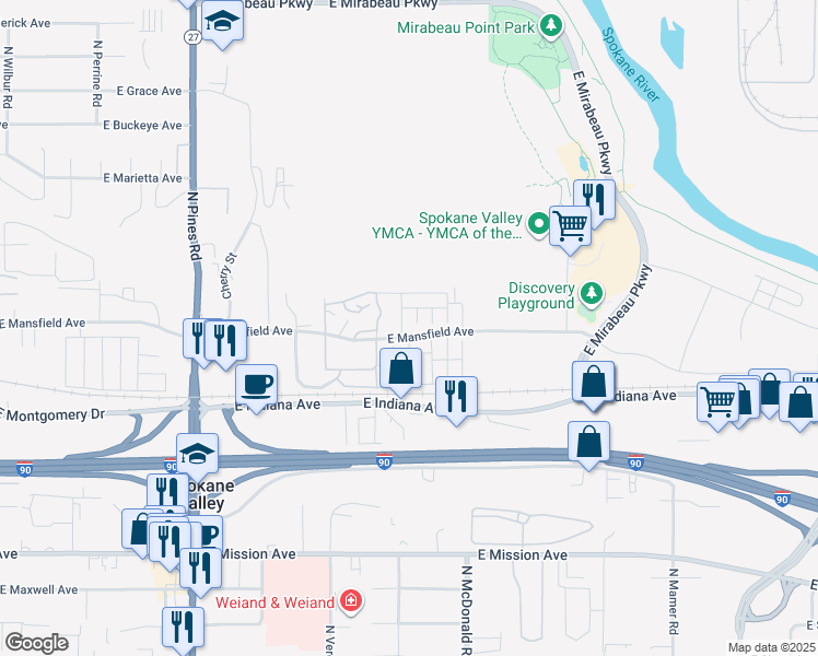 map of restaurants, bars, coffee shops, grocery stores, and more near 12928 East Mansfield Avenue in Spokane Valley