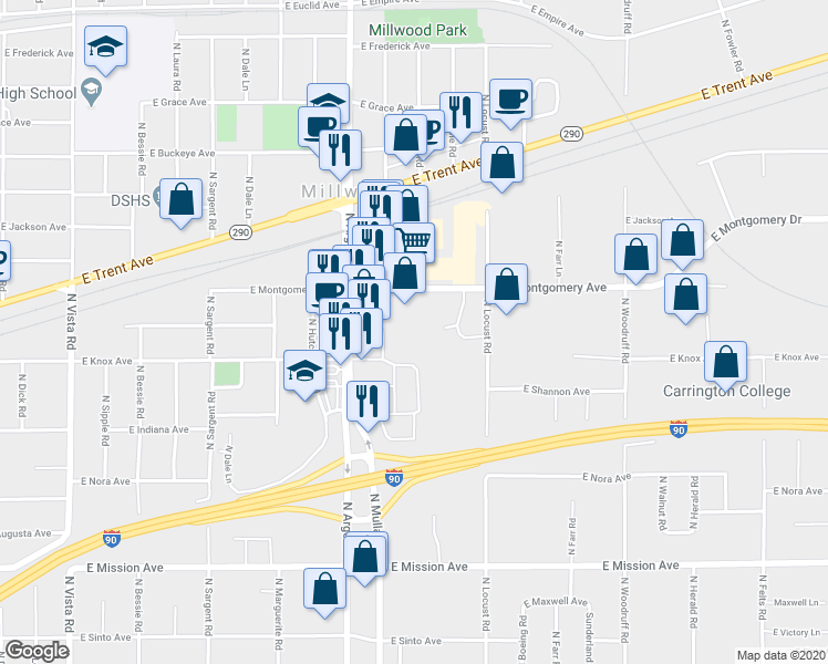 map of restaurants, bars, coffee shops, grocery stores, and more near 9310 East Montgomery Avenue in Spokane Valley