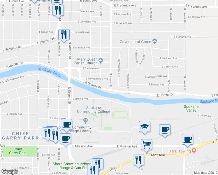 map of restaurants, bars, coffee shops, grocery stores, and more near 3518 East Montgomery Avenue in Spokane