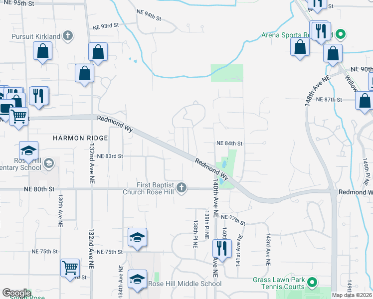 map of restaurants, bars, coffee shops, grocery stores, and more near 8330 138th Lane Northeast in Redmond