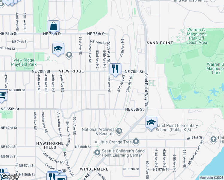 map of restaurants, bars, coffee shops, grocery stores, and more near 6621 57th Avenue Northeast in Seattle