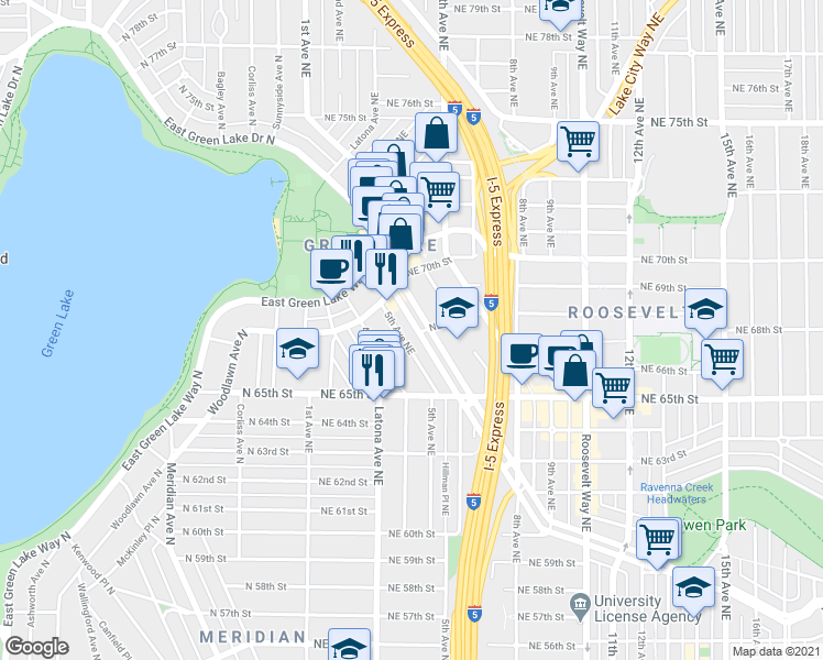 map of restaurants, bars, coffee shops, grocery stores, and more near in Seattle