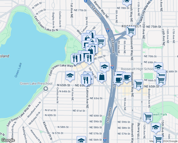 map of restaurants, bars, coffee shops, grocery stores, and more near 6571 5th Avenue Northeast in Seattle