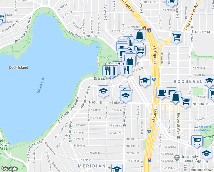 map of restaurants, bars, coffee shops, grocery stores, and more near 6805 Woodlawn Avenue Northeast in Seattle